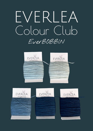 Everlea yarn on bobbins with 'Everleaa Colour Club' text on a dark background